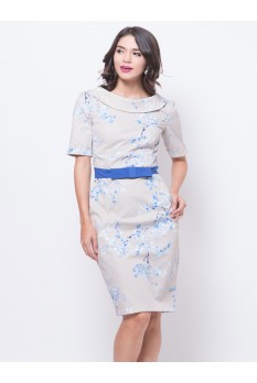 Boat Neck Sakura Print Dress